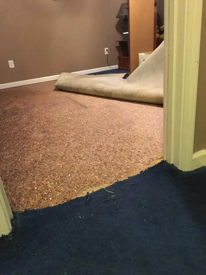 Carpet pad removal revealing water damage during Drying & Dehumidification in Garrison